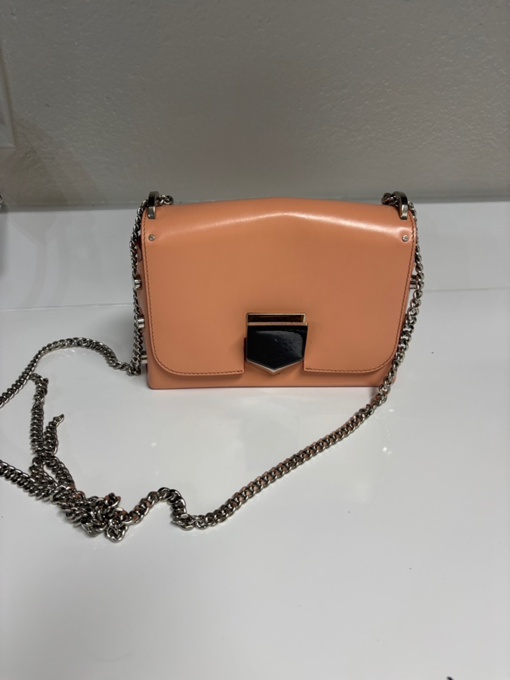 Jimmy Choo Peach Leather Crossbody with Silver Chain